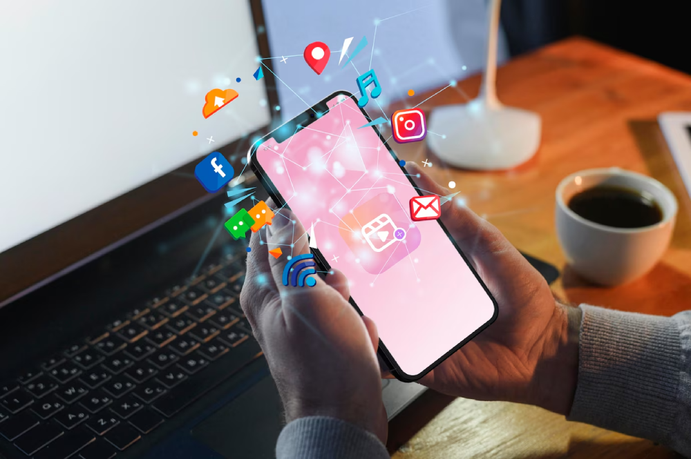 Hands holding smartphone social media concept<br />