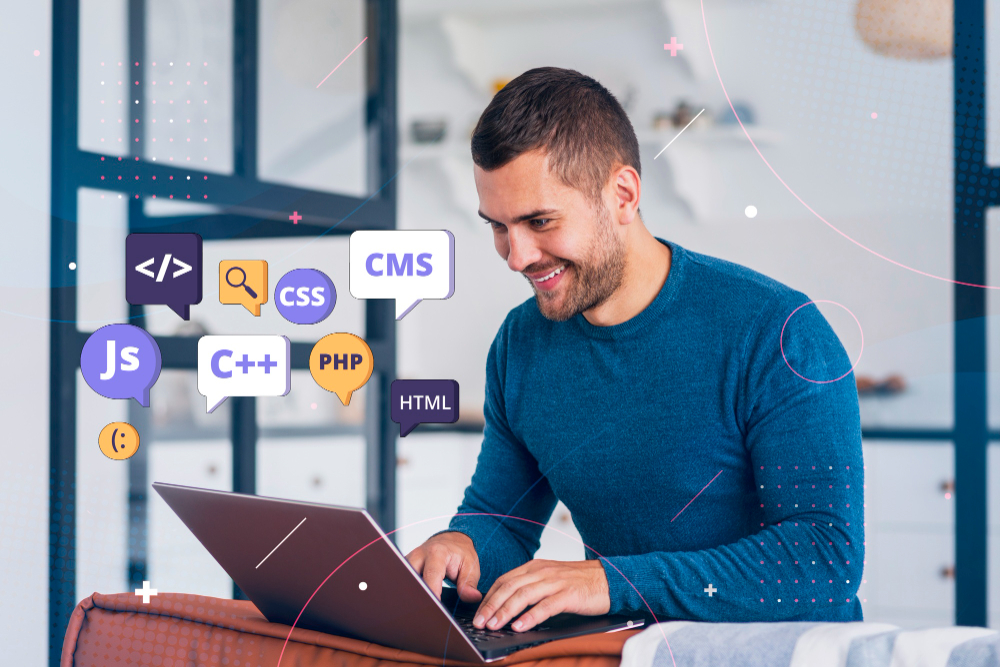 Person in front of computer working html<br />